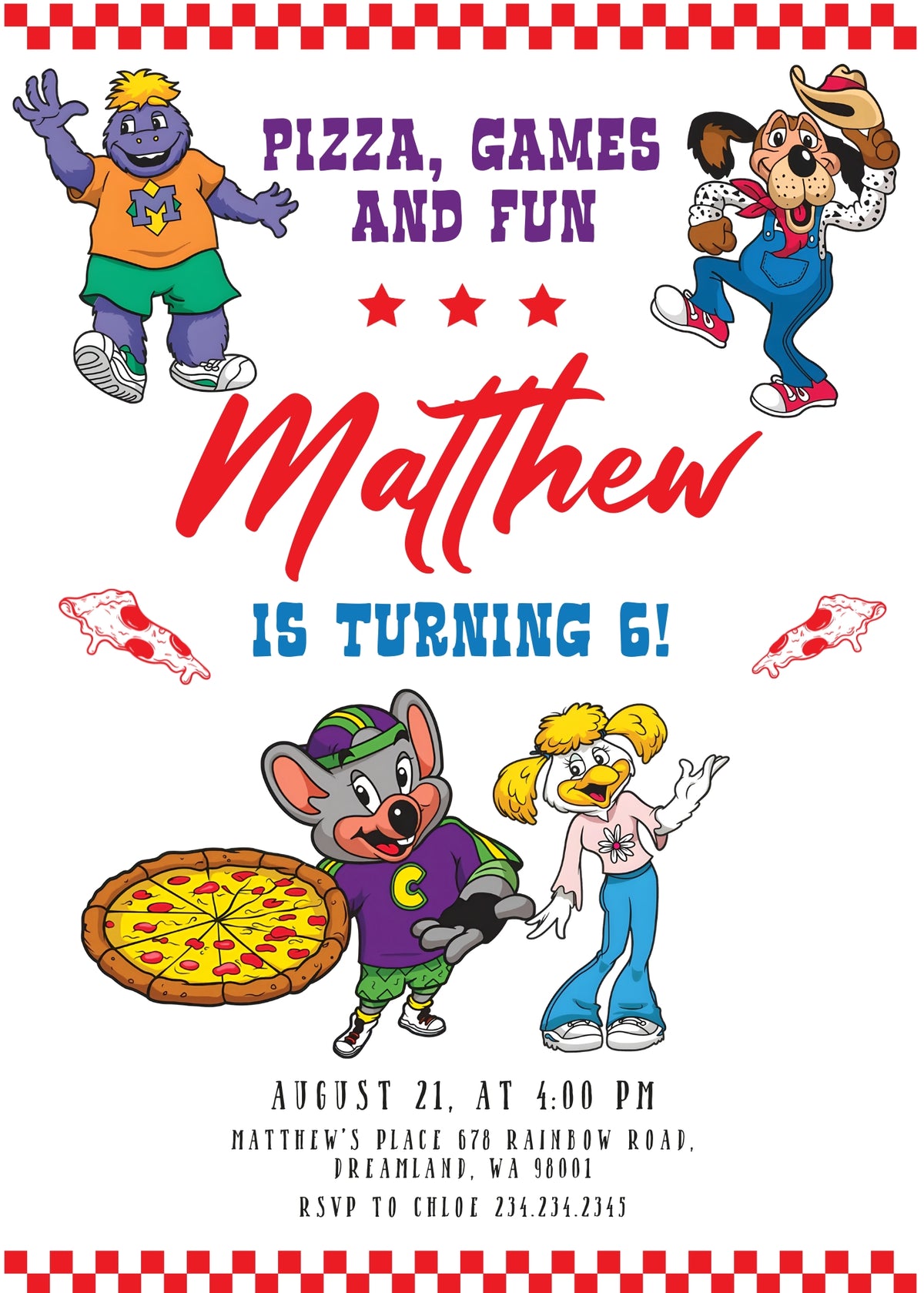 Chuck E. Cheese customizable invitation template | Share or Print | VR379