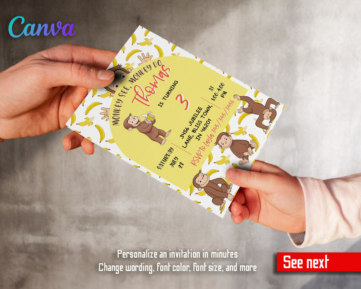 Curious George Monkey customizable invitation template | Share or Print | HG134