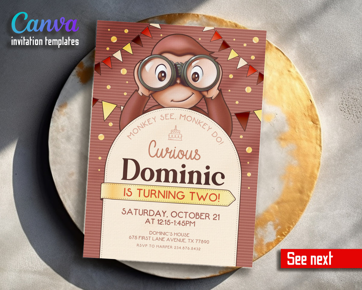 Curious George Monkey customizable invitation template | Share or Print | PG203