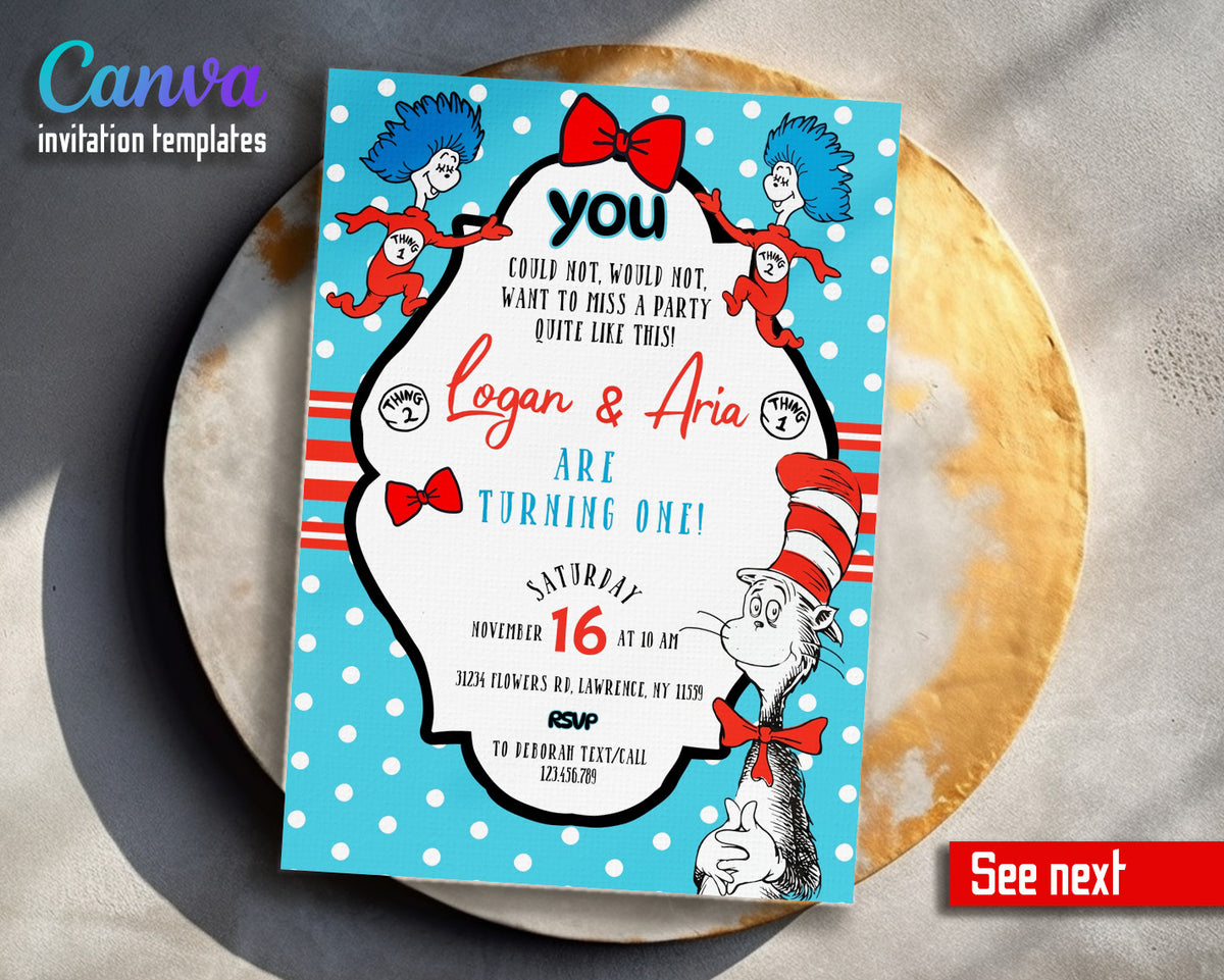 Dr Seuss The Cat in the Hat Twins customizable invitation template | Share or Print | YL719