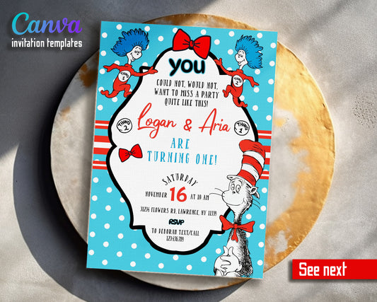 Dr Seuss The Cat in the Hat Twins customizable invitation template | Share or Print | YL719