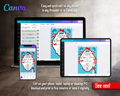 Dr Seuss The Cat in the Hat Twins customizable invitation template | Share or Print | YL719