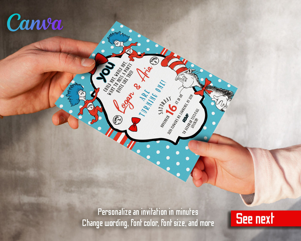 Dr Seuss The Cat in the Hat Twins customizable invitation template | Share or Print | YL719