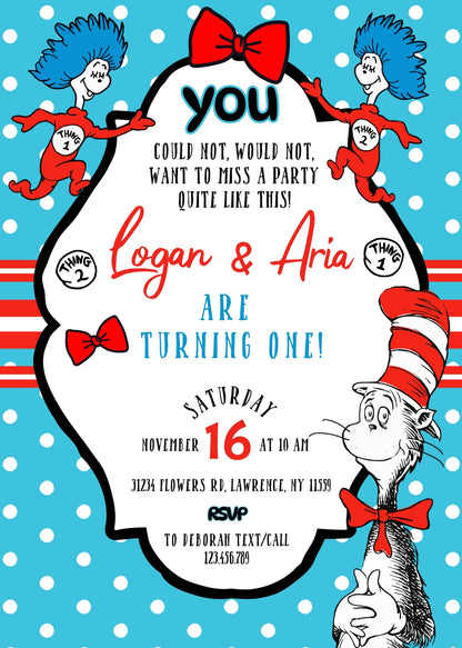 Dr Seuss The Cat in the Hat Twins customizable invitation template | Share or Print | YL719