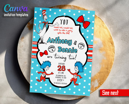 Dr Seuss The Cat in the Hat Twins customizable invitation template | Share or Print | AM818