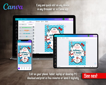 Dr Seuss The Cat in the Hat Twins customizable invitation template | Share or Print | AM818