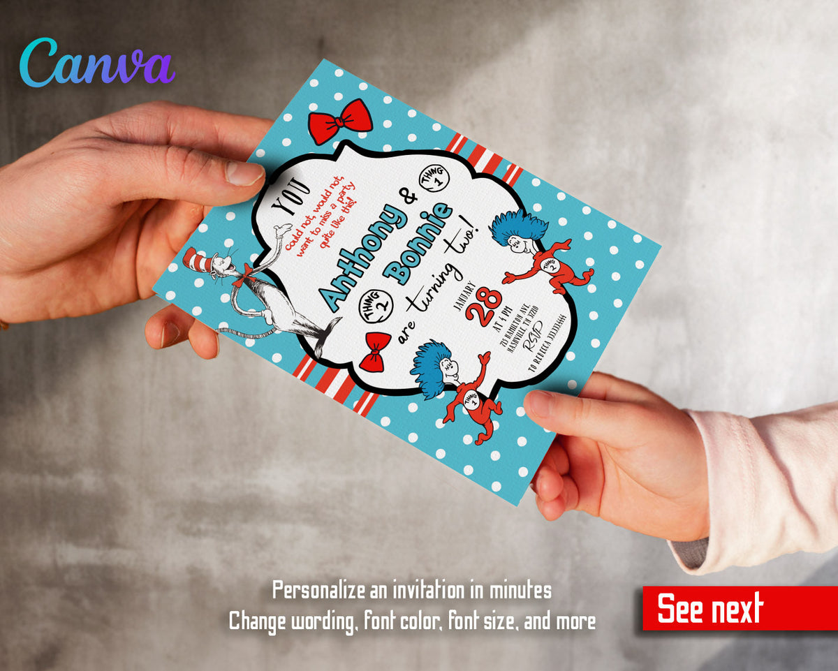Dr Seuss The Cat in the Hat Twins customizable invitation template | Share or Print | AM818