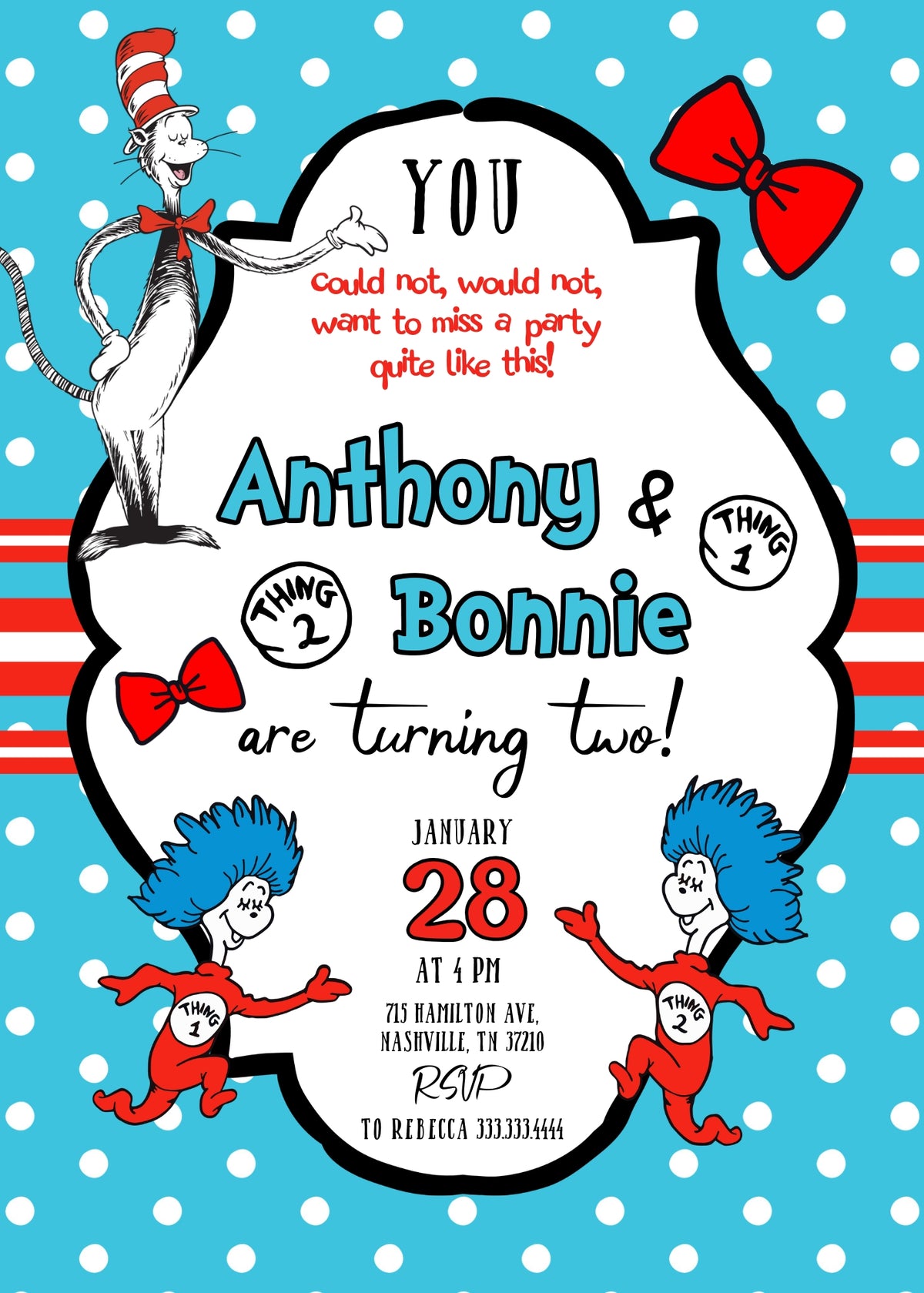 Dr Seuss The Cat in the Hat Twins customizable invitation template | Share or Print | AM818