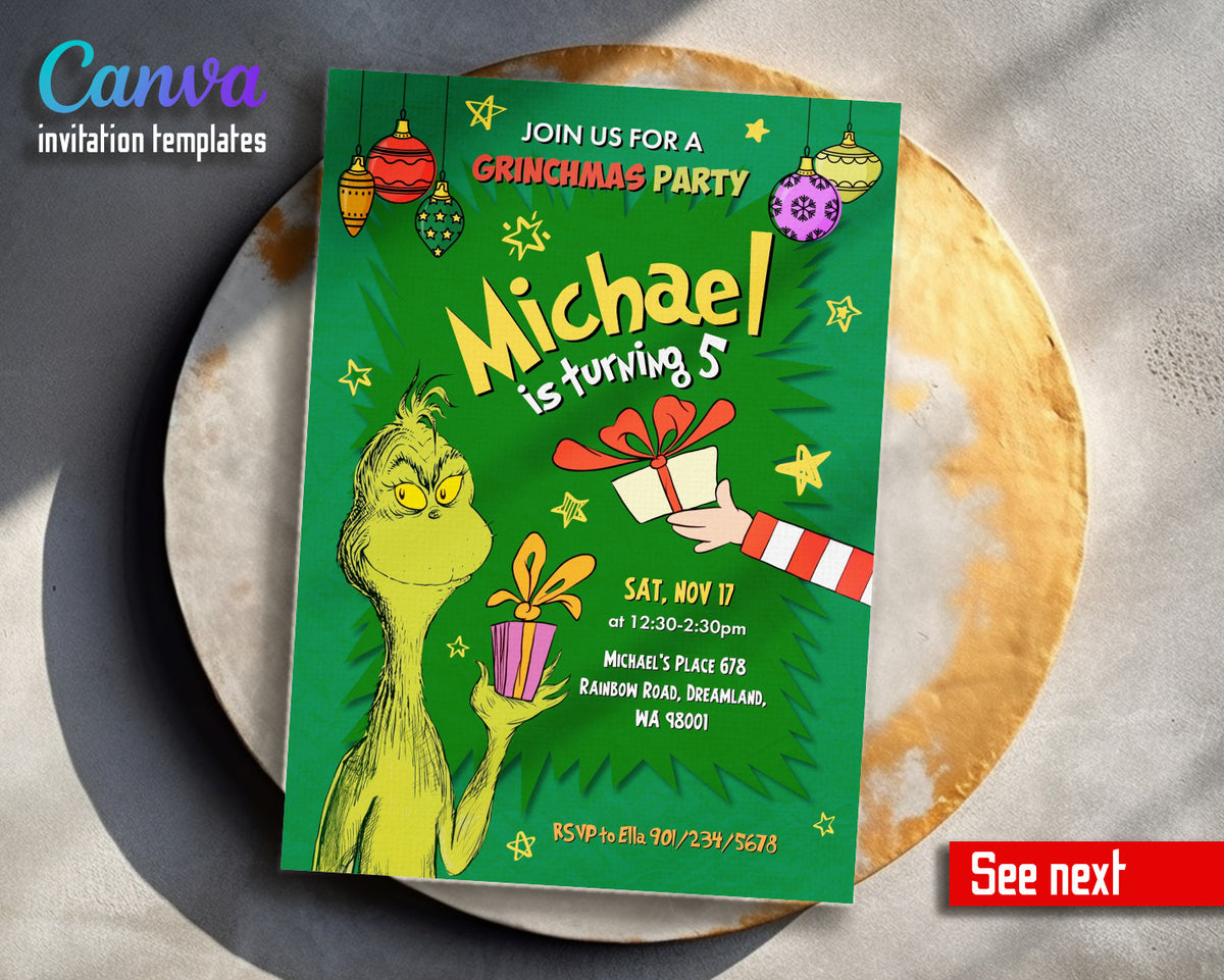Dr Seuss How the Grinch Stole Christmas customizable invitation template | Share or Print | YH039