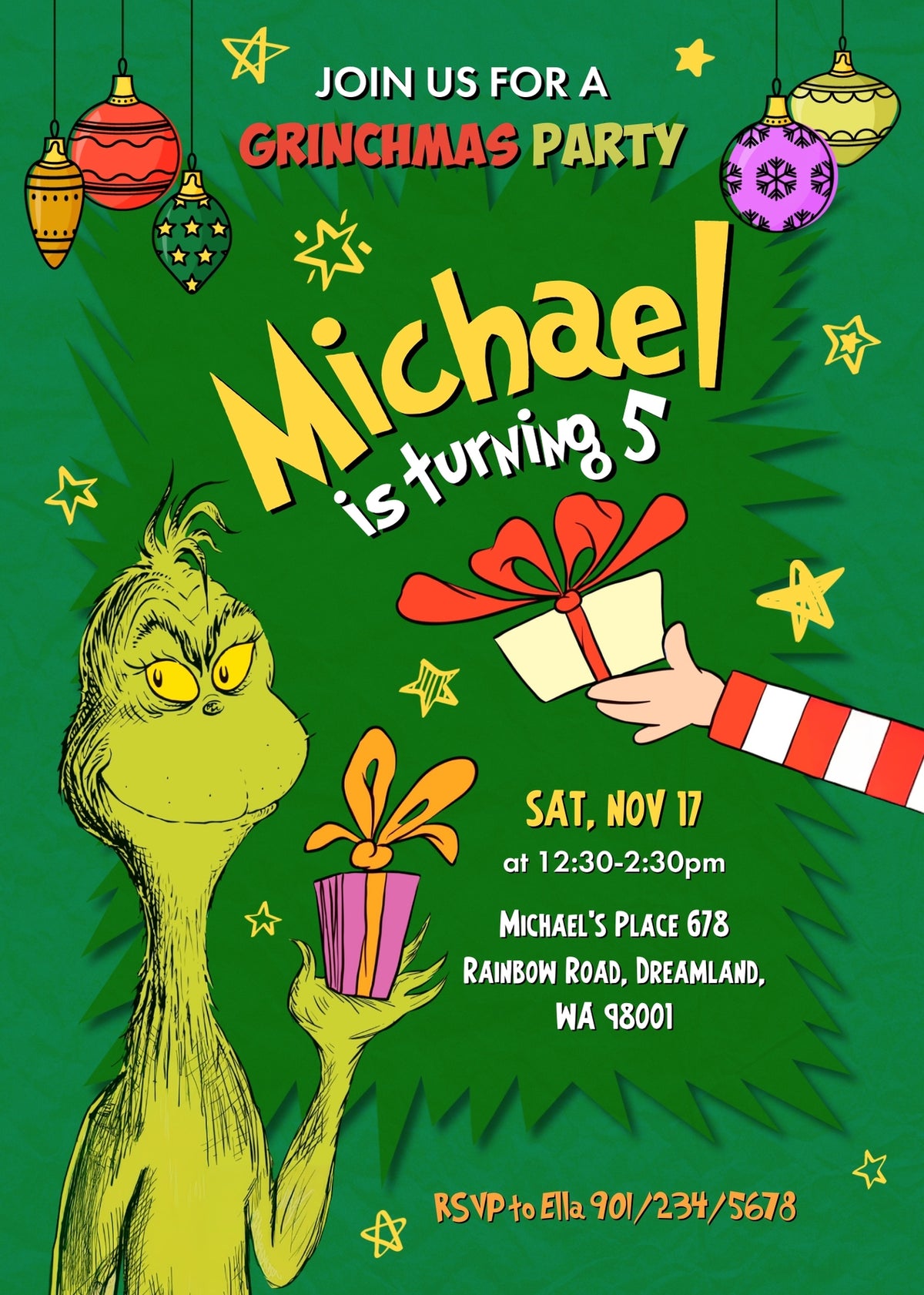 Dr Seuss How the Grinch Stole Christmas customizable invitation template | Share or Print | YH039