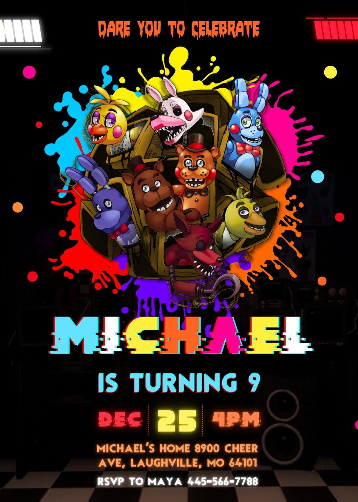Five Nights at Freddy's customizable invitation template | Share or Print | KJ225