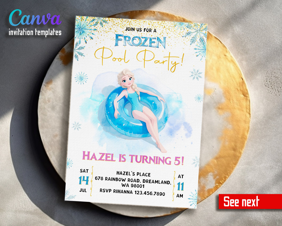 Disney Princess Frozen Elsa Pool Party customizable invitation template | Share or Print | MY014