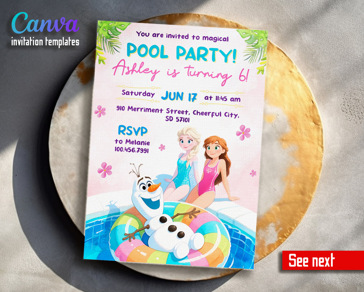 Disney Princess Frozen Elsa Pool Party customizable invitation template | Share or Print | PB781