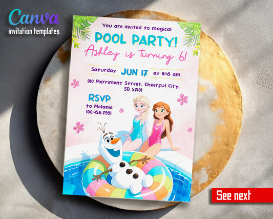 Disney Princess Frozen Elsa Pool Party customizable invitation template | Share or Print | PB781