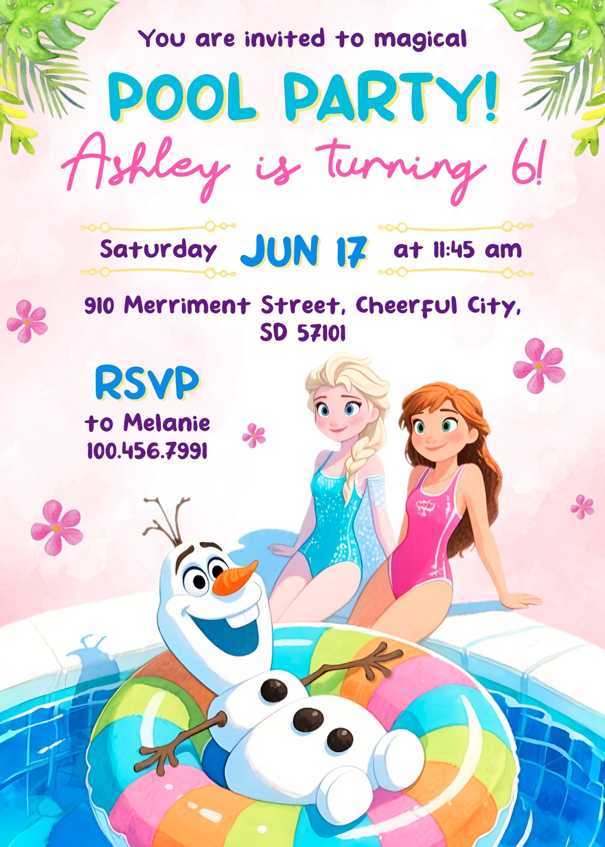Disney Princess Frozen Elsa Pool Party customizable invitation template | Share or Print | PB781