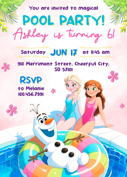 Disney Princess Frozen Elsa Pool Party customizable invitation template | Share or Print | PB781
