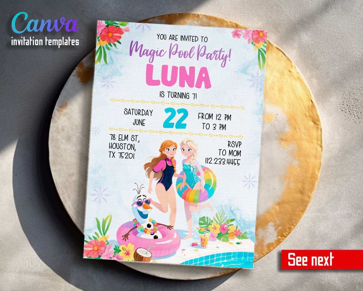 Disney Princess Frozen Elsa Pool Party customizable invitation template | Share or Print | OC624