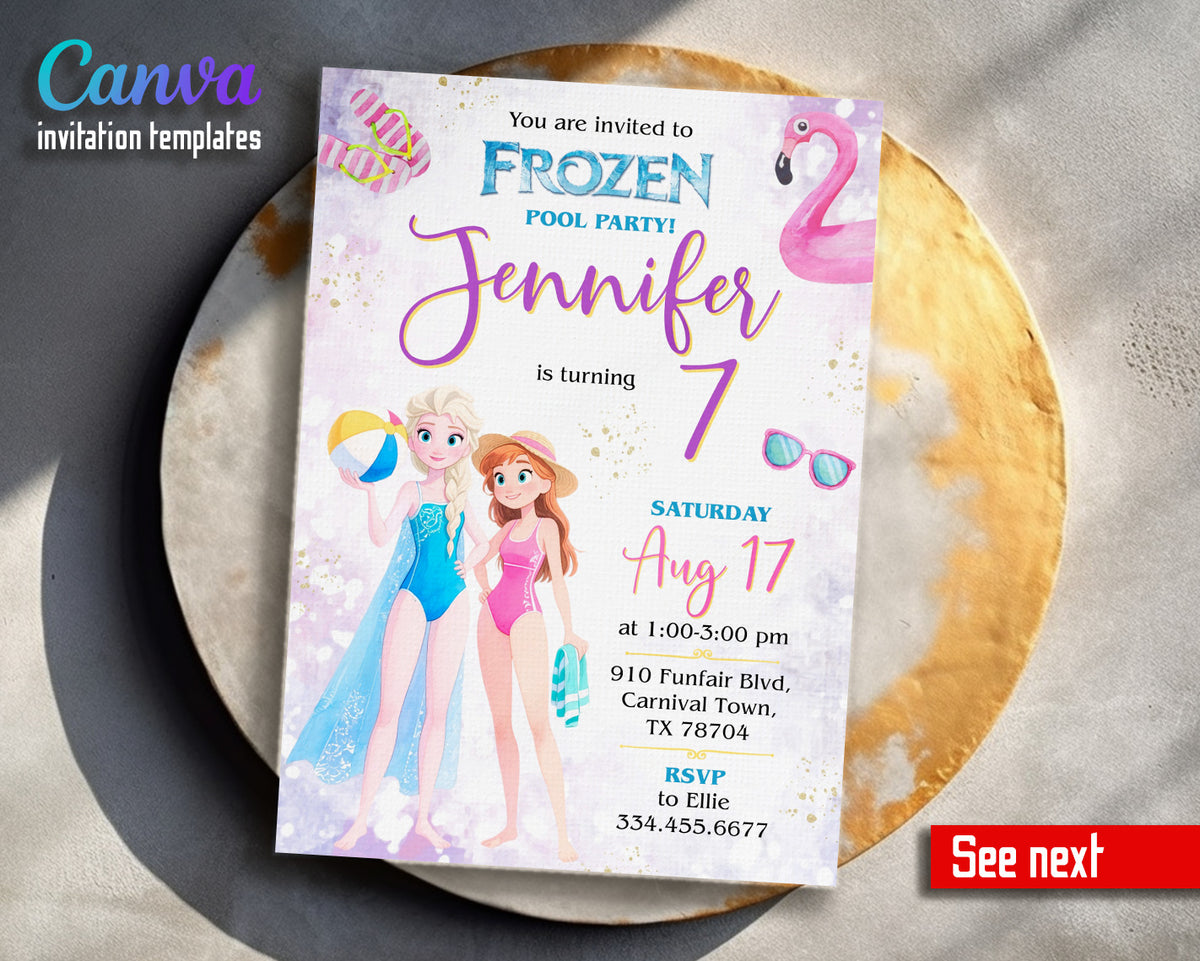 Disney Princess Frozen Elsa Pool Party customizable invitation template | Share or Print | WF514