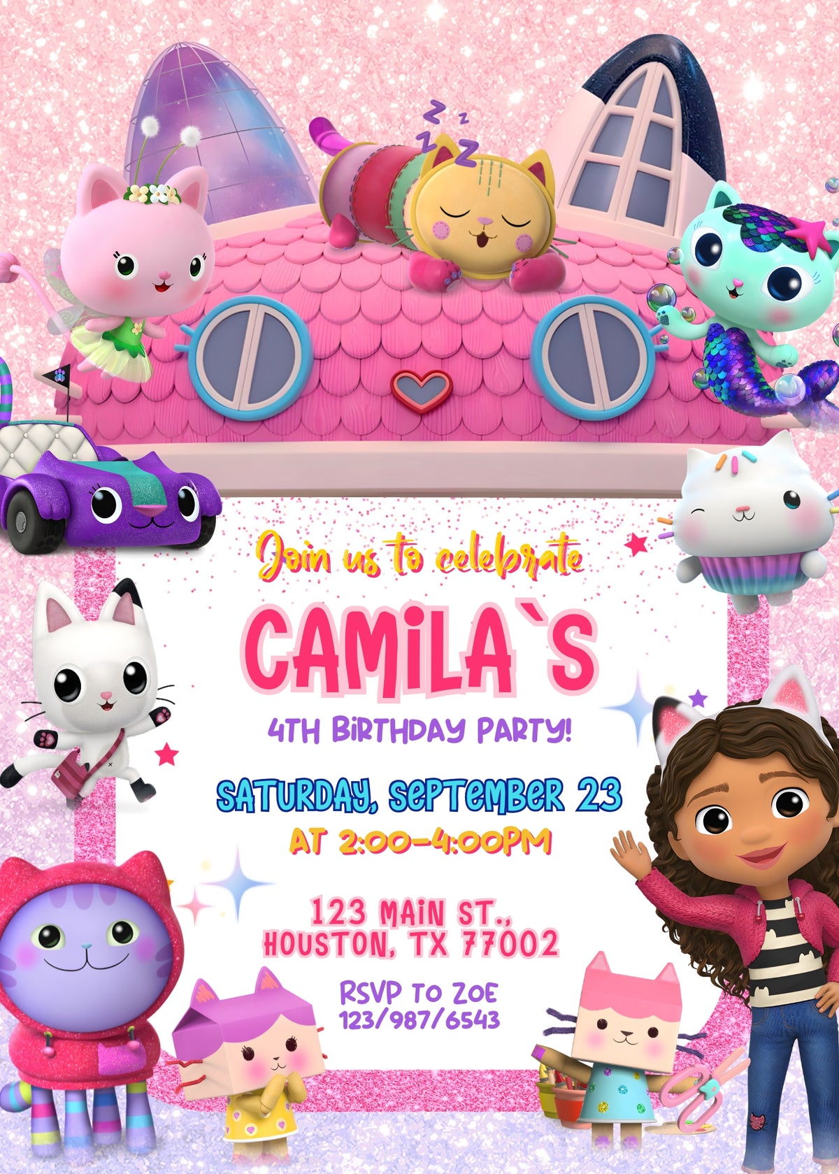 Gabby's Dollhouse Kitten customizable invitation template | Share or Print | girl | XK341