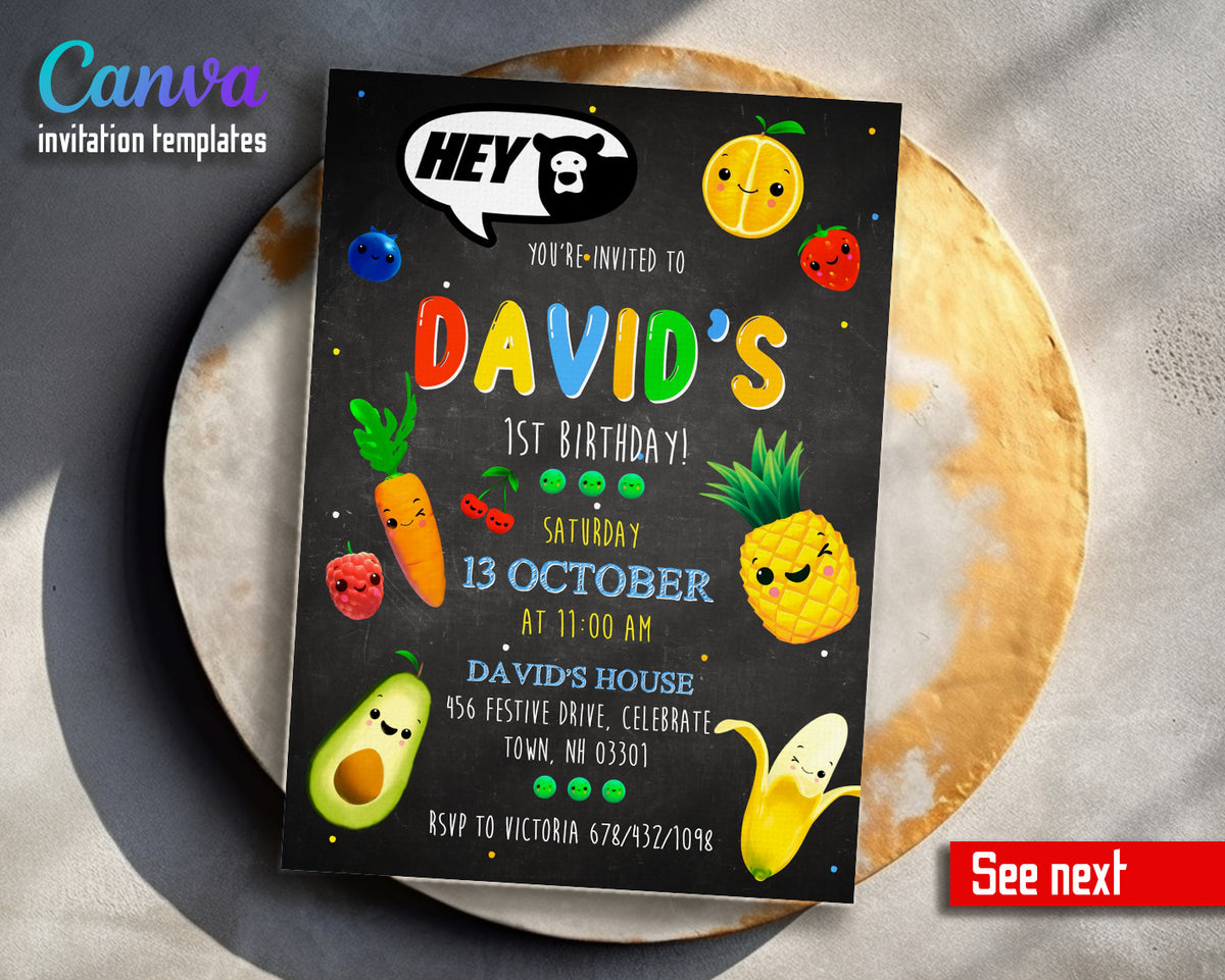 Hey Bear Sensory Dancing Fruits customizable invitation template | Share or Print | IY709