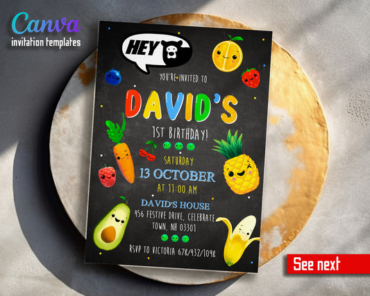 Hey Bear Sensory Dancing Fruits customizable invitation template | Share or Print | IY709