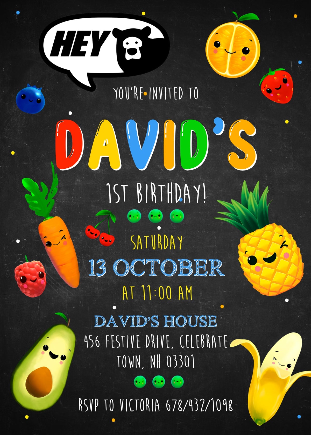Hey Bear Sensory Dancing Fruits customizable invitation template | Share or Print | IY709