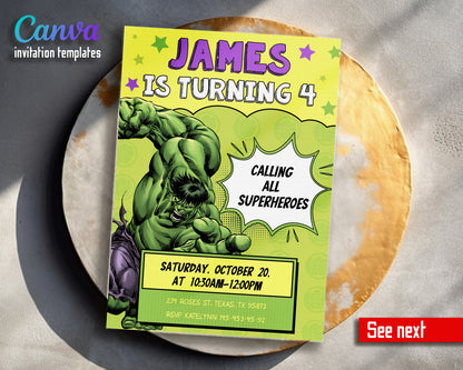 Hulk The Avengers Marvel Superhero customizable invitation template | Share or Print | boy | SI705