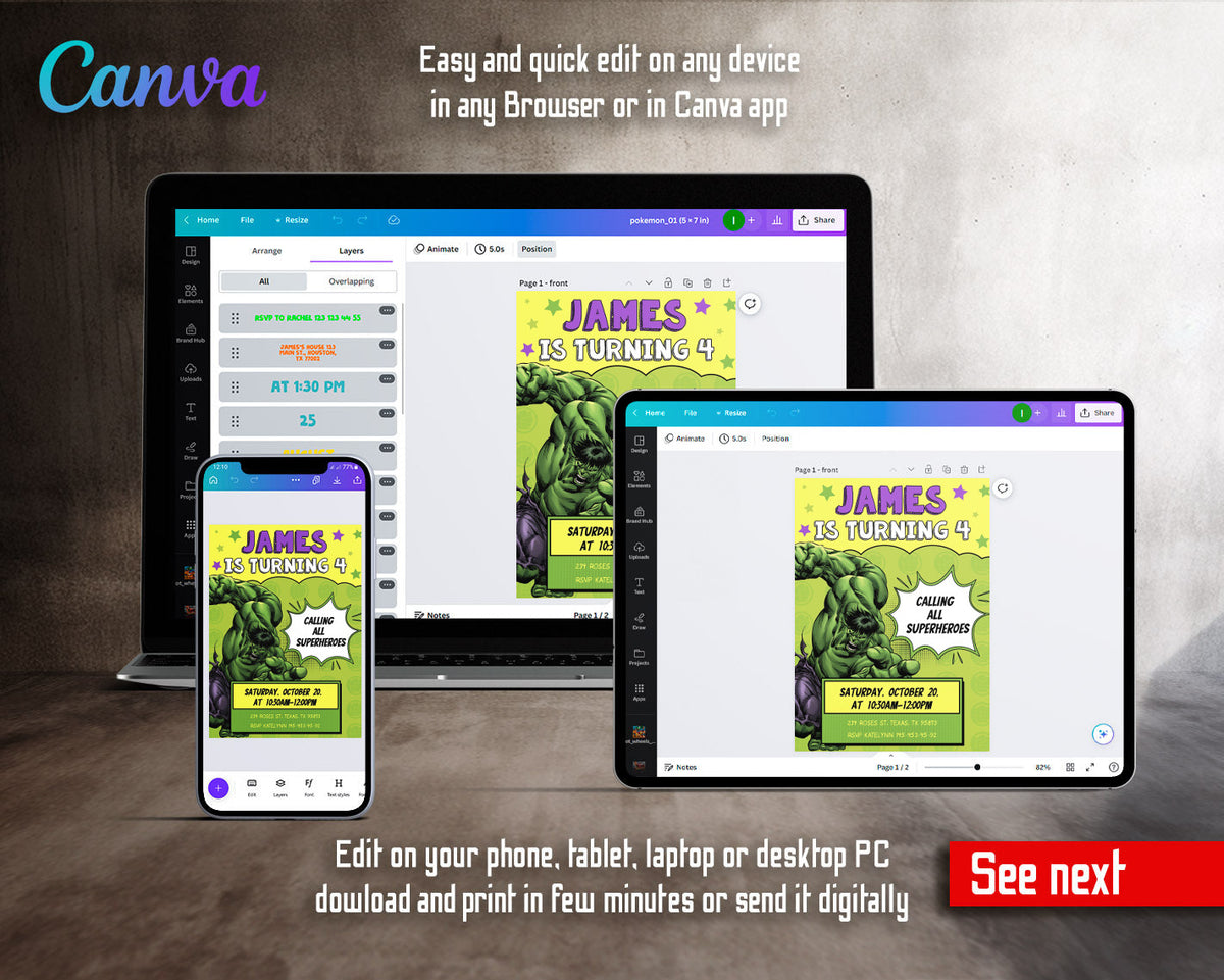 Hulk The Avengers Marvel Superhero customizable invitation template | Share or Print | boy | SI705