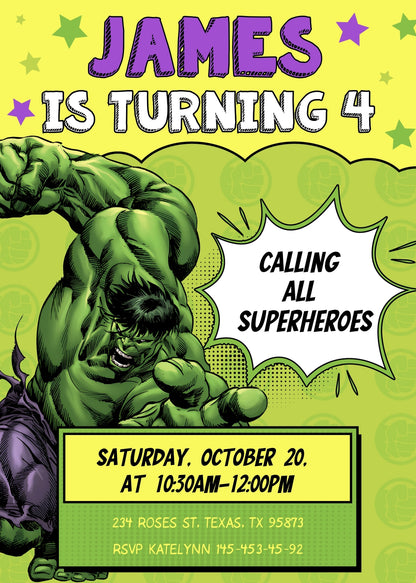 Hulk The Avengers Marvel Superhero customizable invitation template | Share or Print | boy | SI705