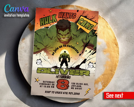 Hulk The Avengers Marvel Superhero customizable invitation template | Share or Print | boy | JS877