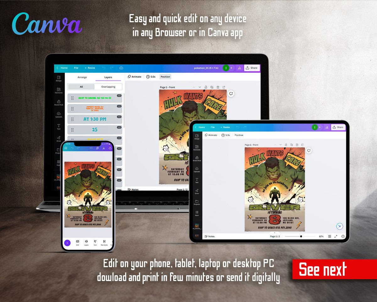 Hulk The Avengers Marvel Superhero customizable invitation template | Share or Print | boy | JS877