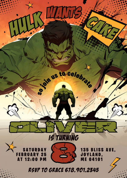 Hulk The Avengers Marvel Superhero customizable invitation template | Share or Print | boy | JS877