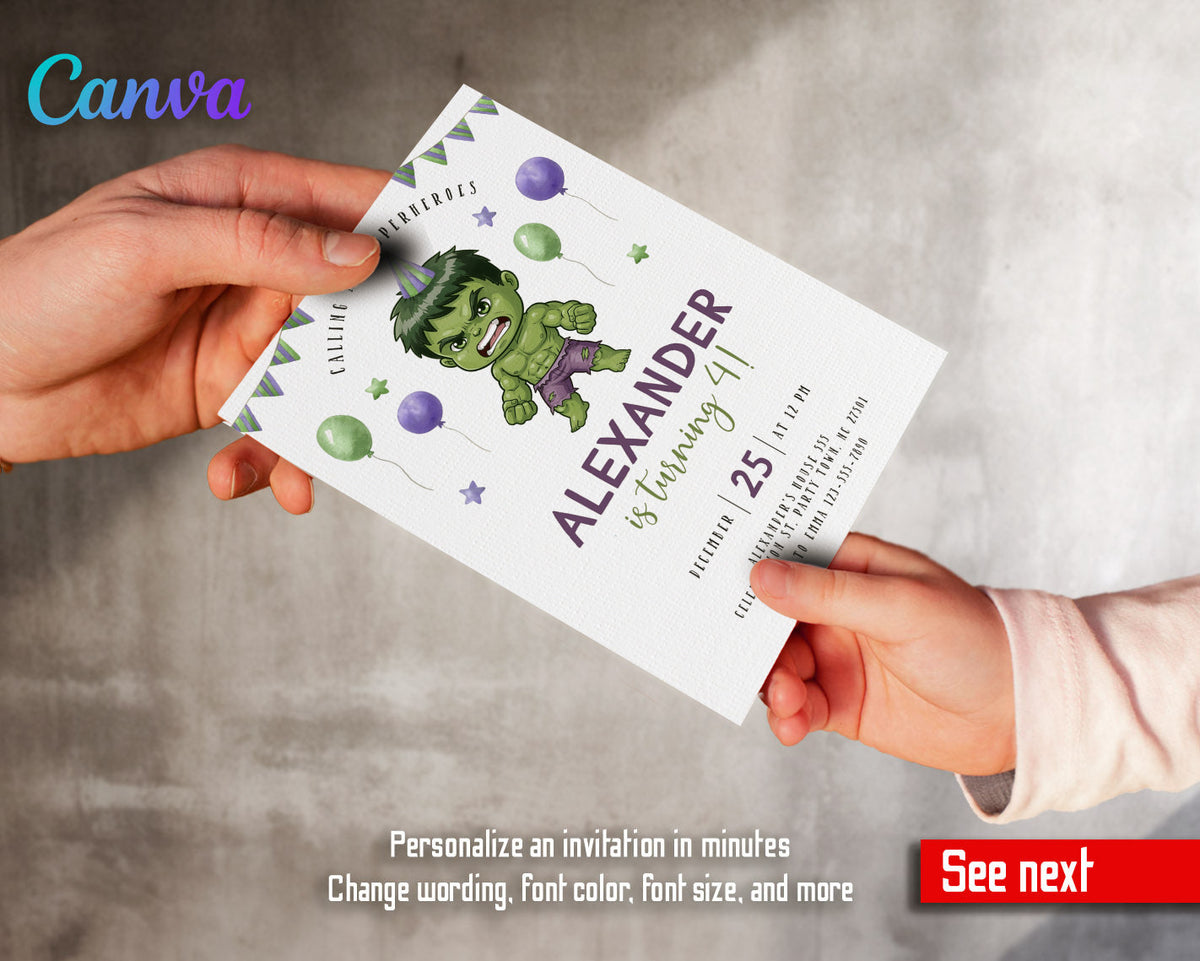 Hulk The Avengers Marvel Superhero customizable invitation template | Share or Print | boy | YP218