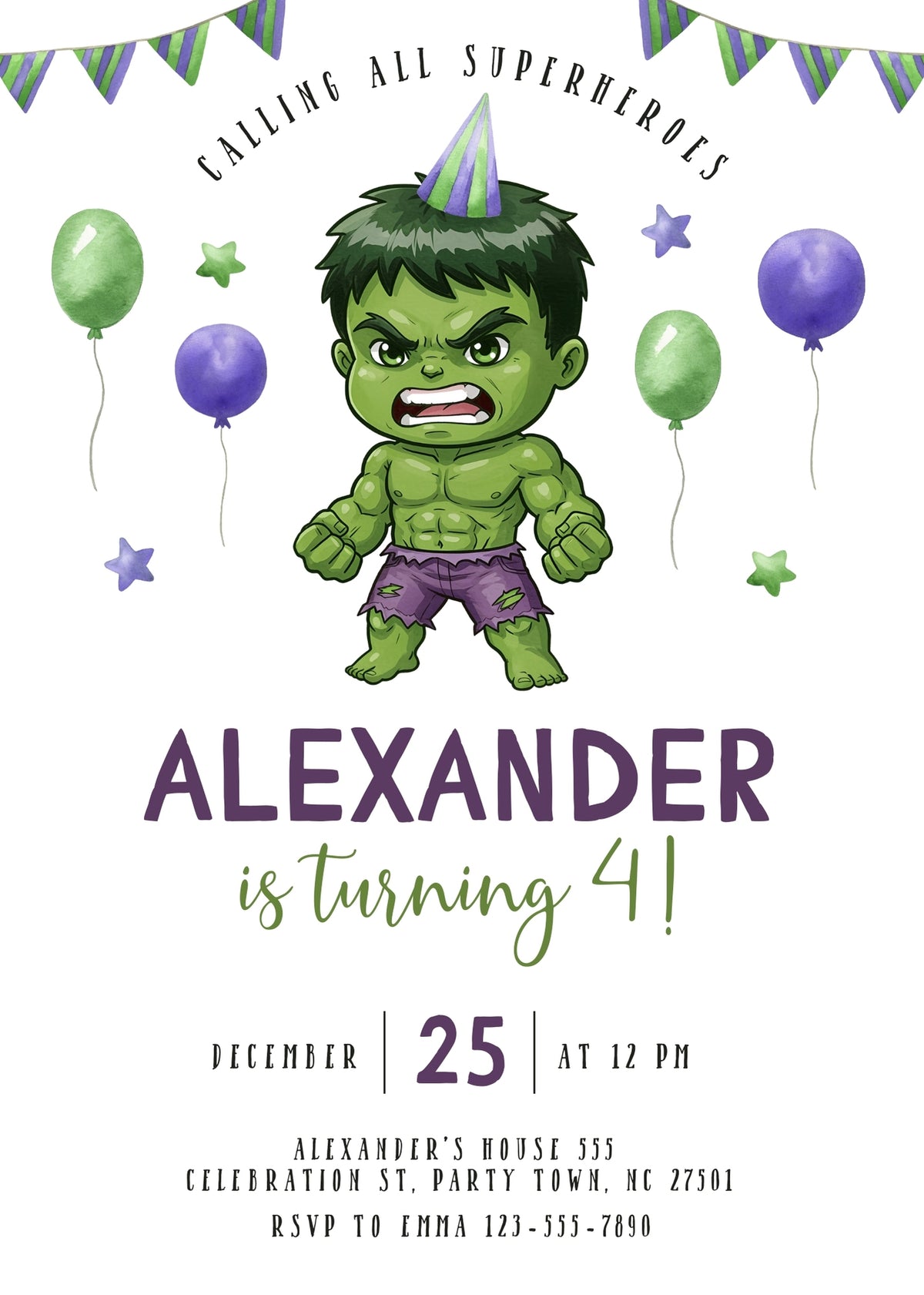 Hulk The Avengers Marvel Superhero customizable invitation template | Share or Print | boy | YP218