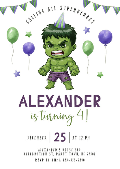 Hulk The Avengers Marvel Superhero customizable invitation template | Share or Print | boy | YP218