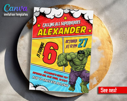 Hulk The Avengers Marvel Superhero customizable invitation template | Share or Print | boy | GX439