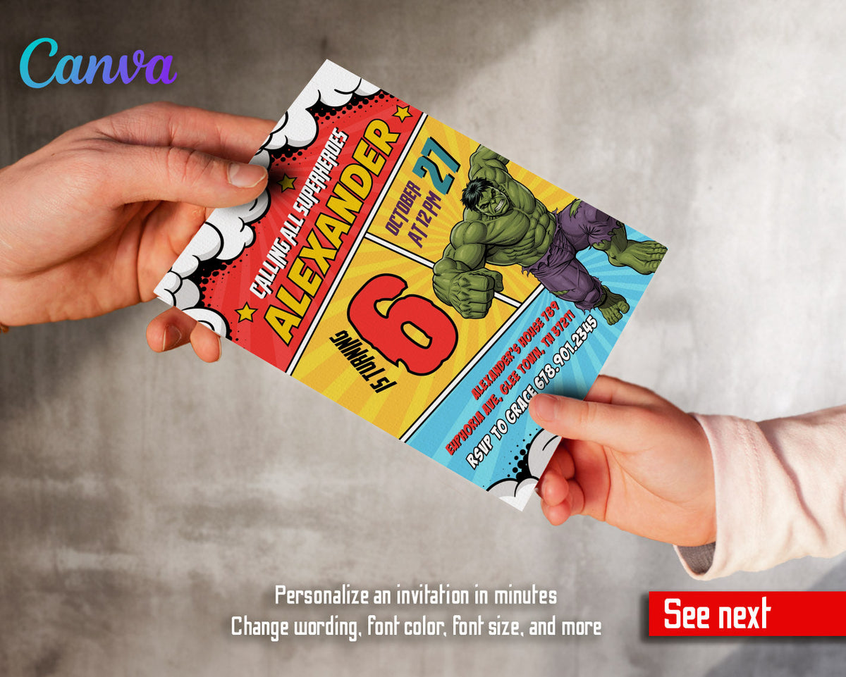 Hulk The Avengers Marvel Superhero customizable invitation template | Share or Print | boy | GX439