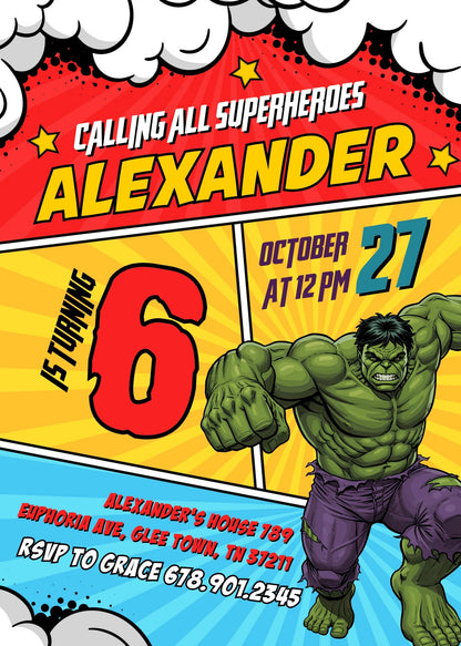 Hulk The Avengers Marvel Superhero customizable invitation template | Share or Print | boy | GX439