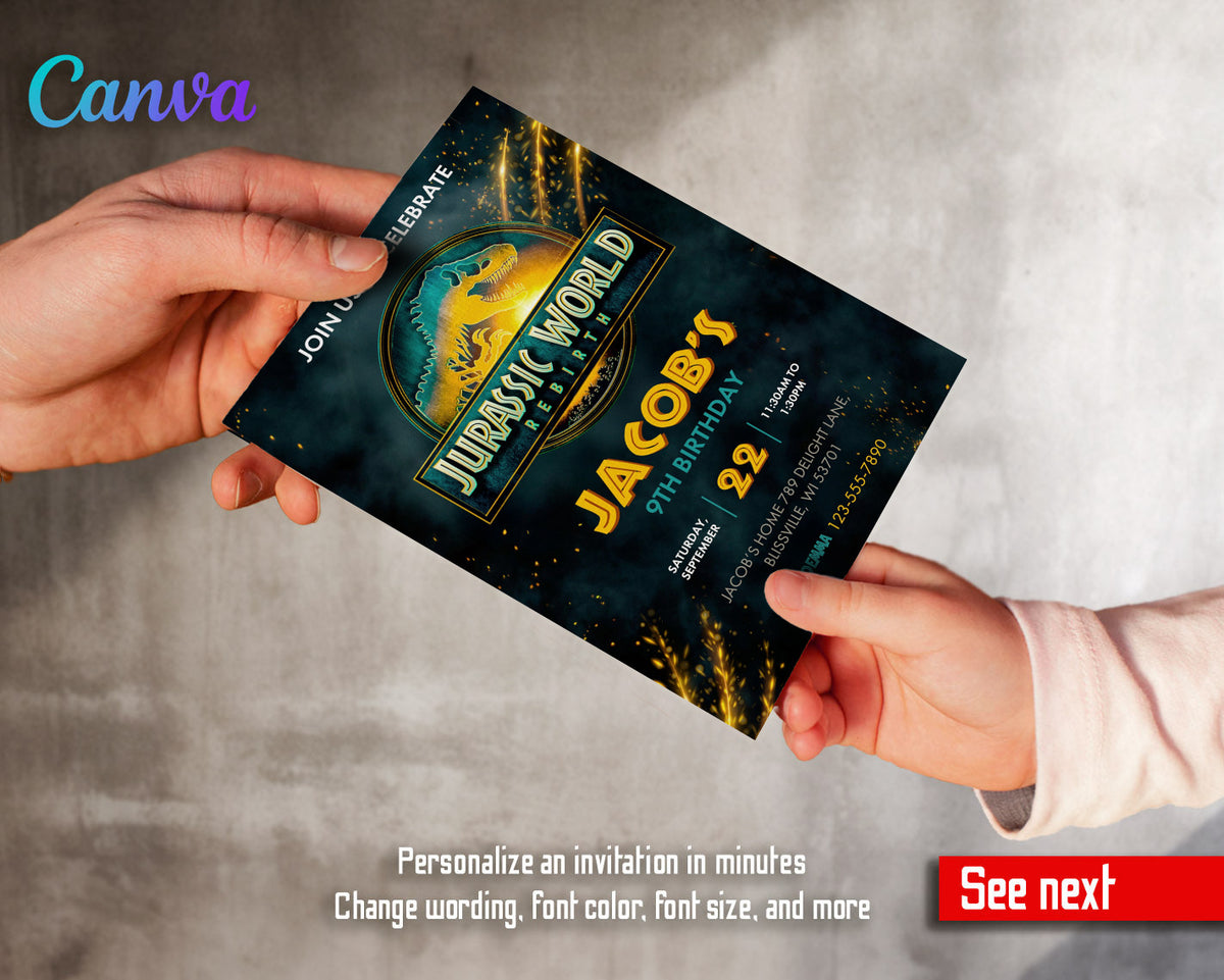 Jurassic World Rebirth Dinosaur customizable invitation template | Share or Print | CM249