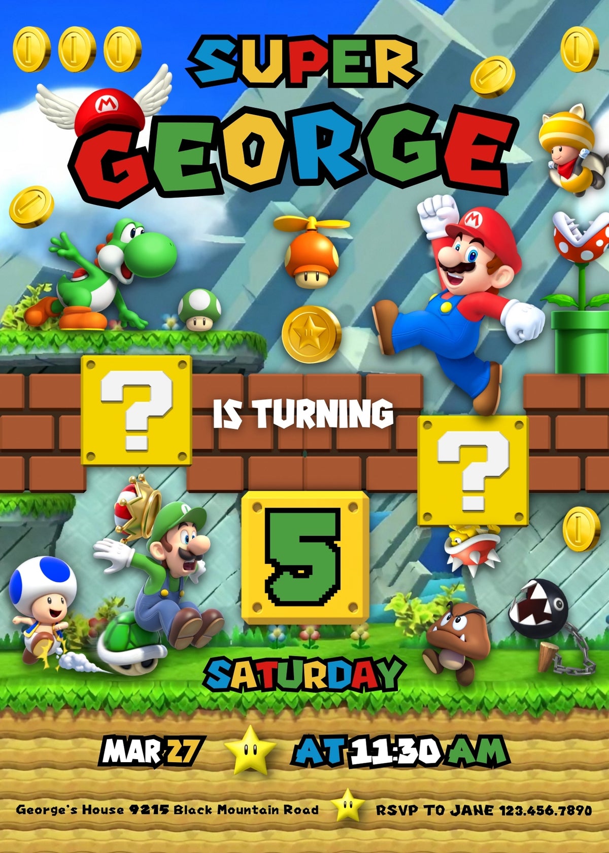 Super Mario Bros customizable invitation template | Share or Print | ZQ555