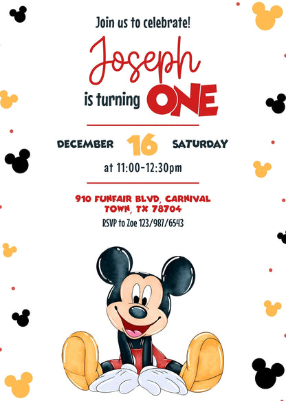 Mickey Mouse 1st Birthday customizable invitation template | Share or Print | AJ666