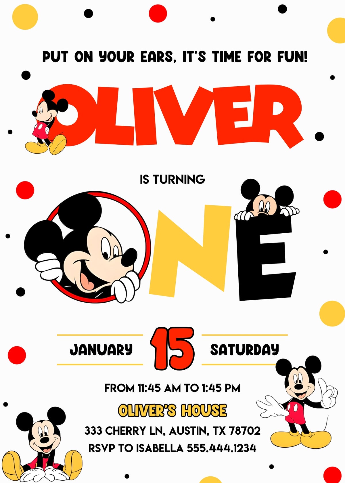 Mickey Mouse 1st Birthday customizable invitation template | Share or Print | AN158