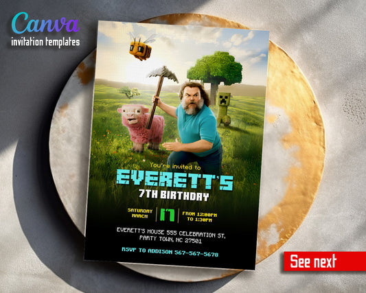 Minecraft Movie Gamer customizable invitation template | Share or Print | WT299