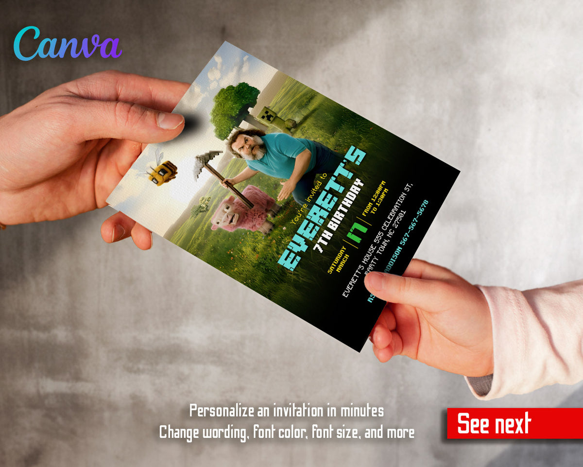 Minecraft Movie Gamer customizable invitation template | Share or Print | WT299