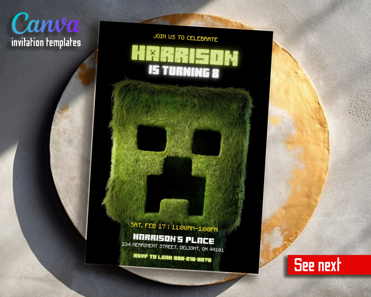 Minecraft Movie Gamer customizable invitation template | Share or Print | SS076