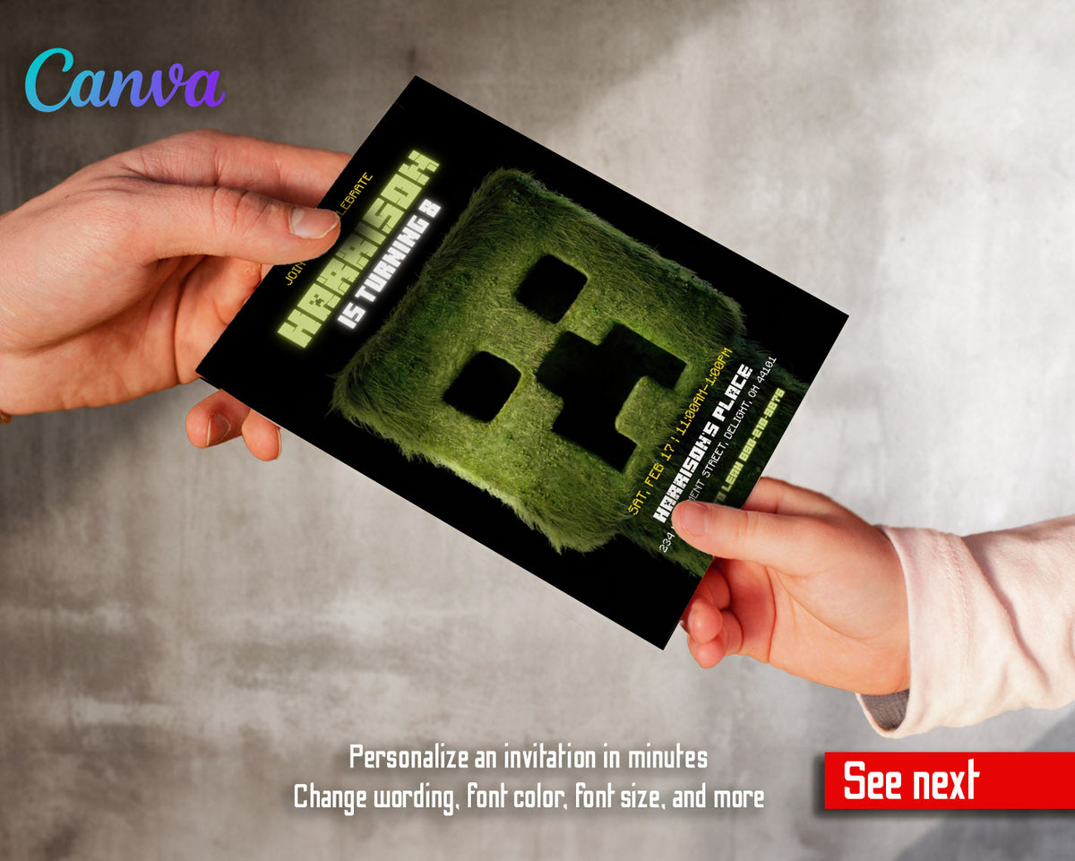 Minecraft Movie Gamer customizable invitation template | Share or Print | SS076