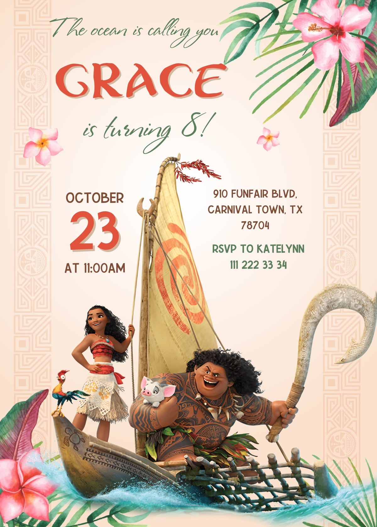 Moana Princess customizable invitation template | Share or Print | girl | TD266