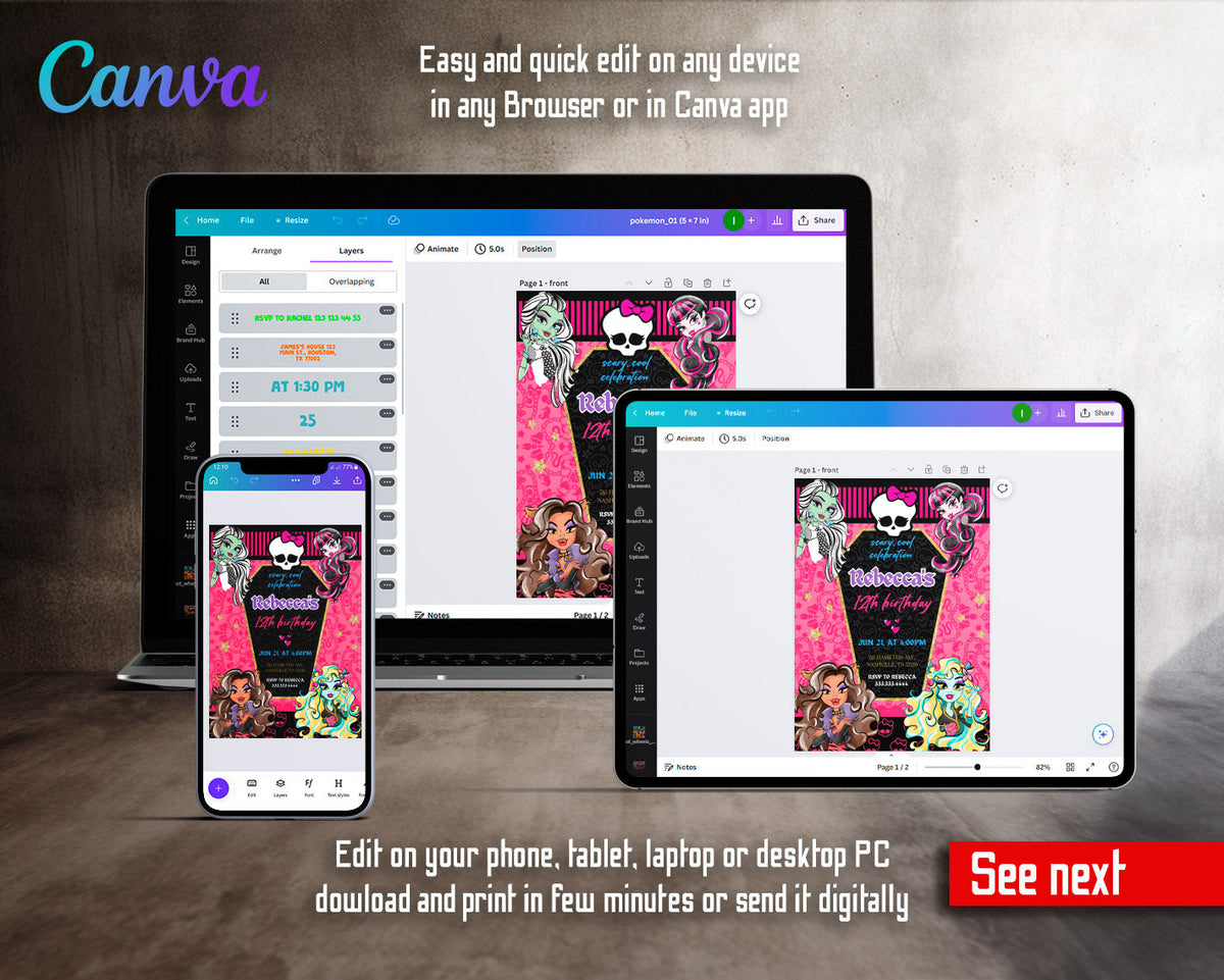 Monster High customizable invitation template | Share or Print | girl | VP337