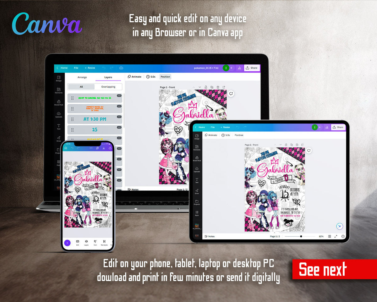 Monster High customizable invitation template | Share or Print | girl | BL256