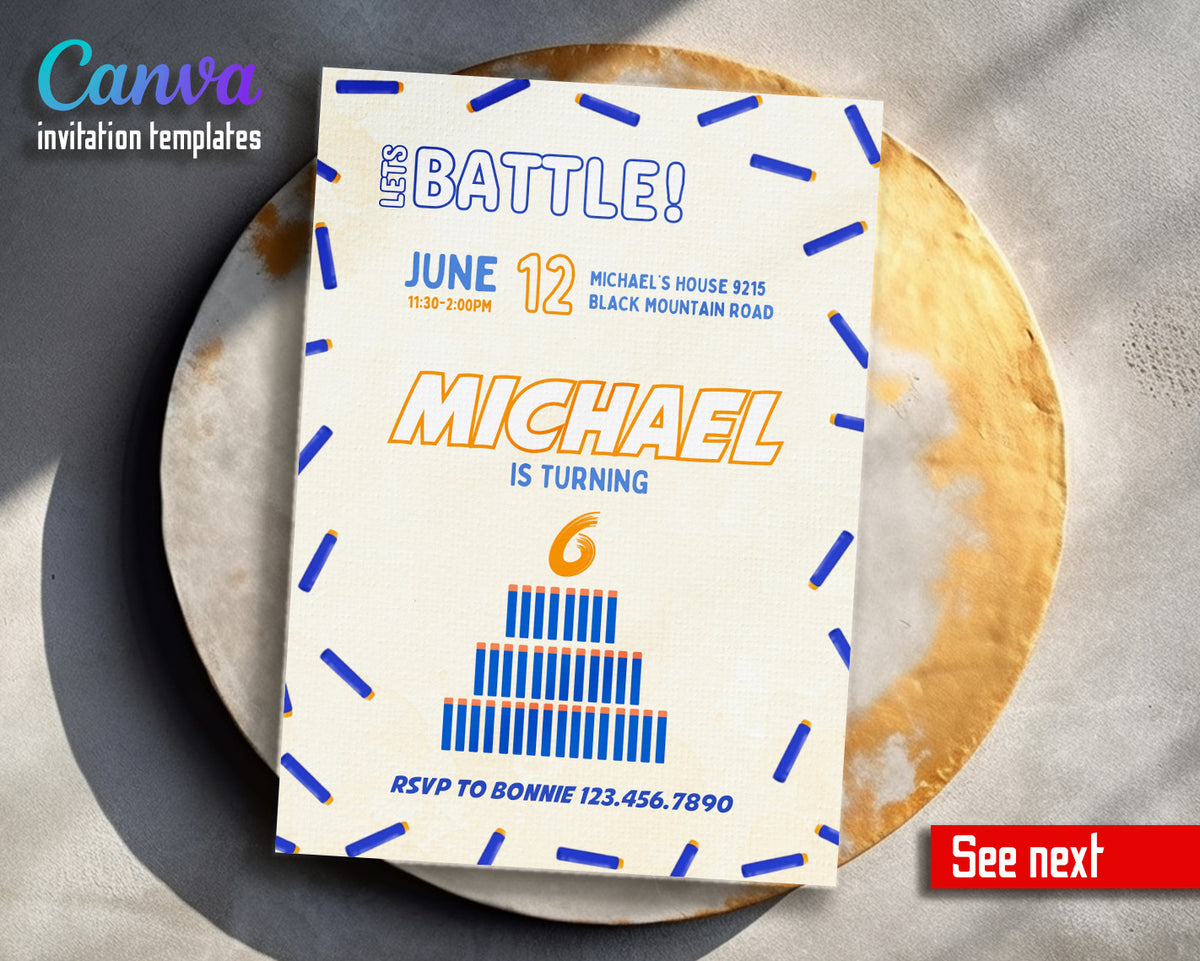 NERF Dart Wars customizable invitation template | Share or Print | boy | LY330